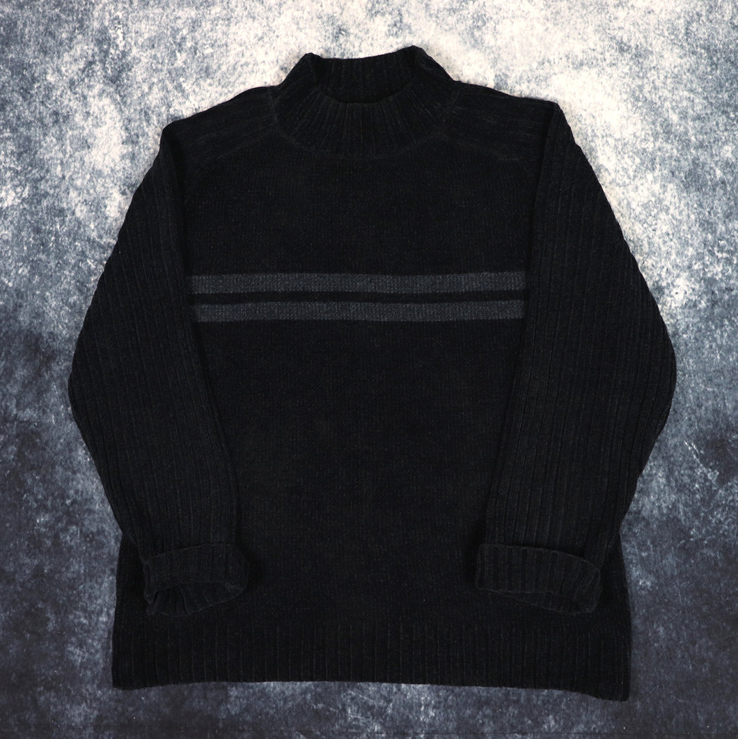 Vintage Dark Navy & Grey Striped High Neck Jumper | Large