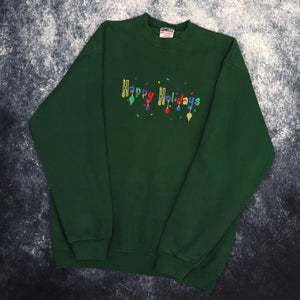 Vintage 90s Forest Green Happy Holidays Sweatshirt | Large