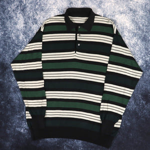Vintage 90s Green, Black & Grey Striped Collared Jumper | Medium