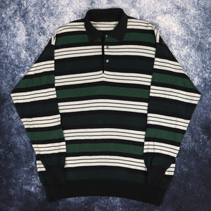 Vintage 90s Green, Black & Grey Striped Collared Jumper | Medium