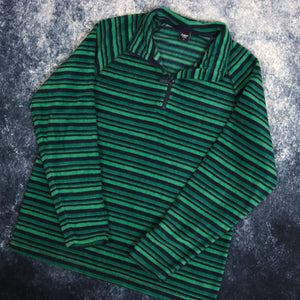 Vintage Green & Navy Striped Cotton Traders 1/4 Zip Fleece Sweatshirt | Medium