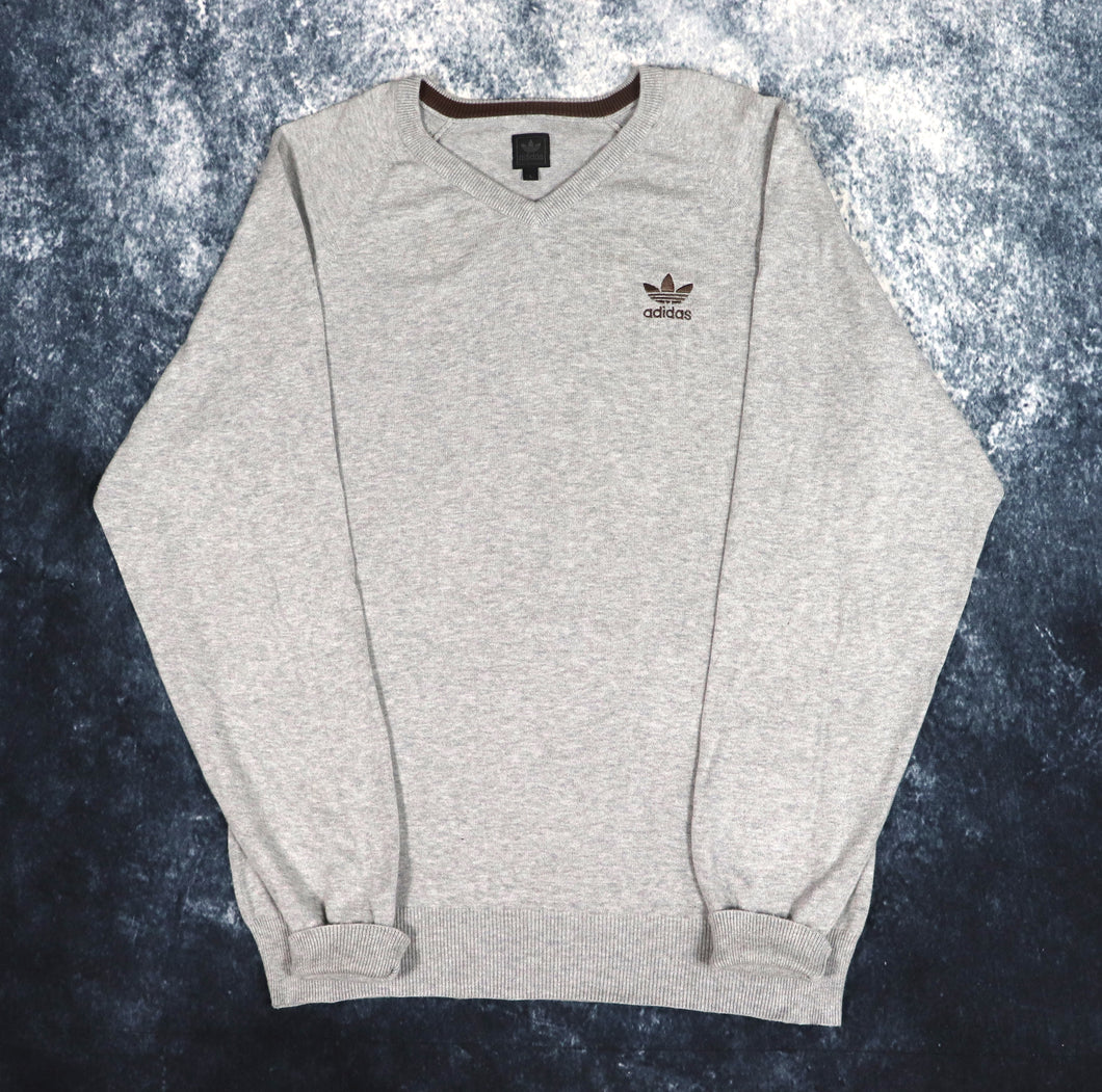 Vintage Grey Adidas Trefoil V Neck Jumper | Large