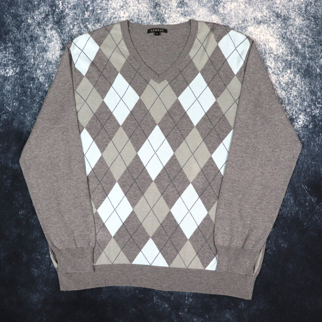 Vintage Grey Argyle V Neck Grandad Jumper | XL