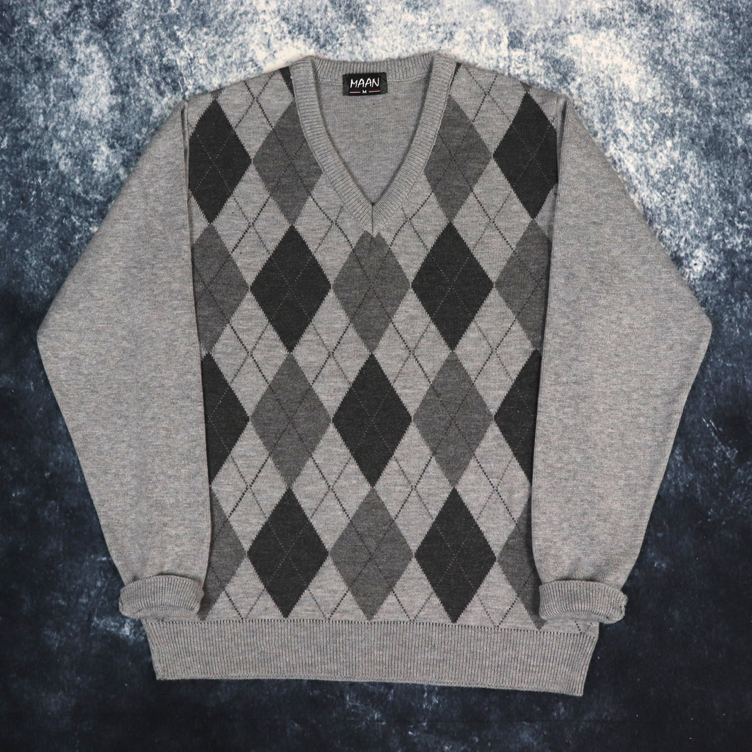 Vintage Grey Argyle V Neck Grandad Jumper | Medium