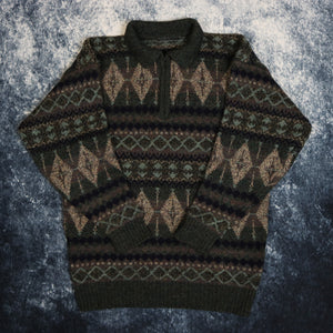 Vintage Dark Grey Diamond Pattern Collared Jumper