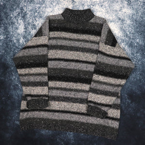 Vintage Grey & Black Striped High Neck Grandad Jumper | XL