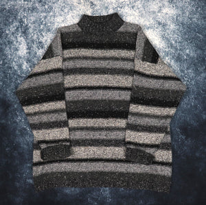 Vintage Grey & Black Striped High Neck Grandad Jumper | XL