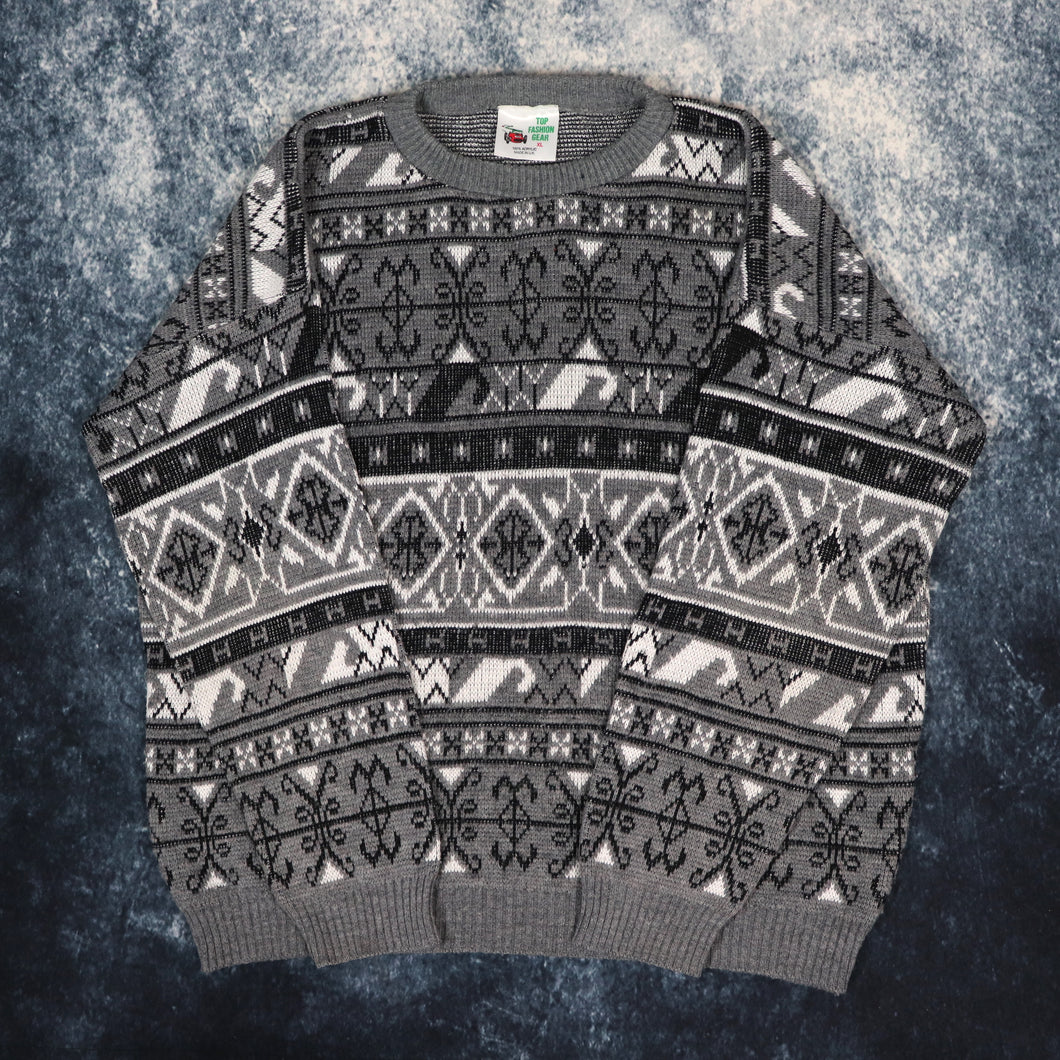 Vintage 90s Grey, Black & White Aztec Grandad Jumper | XL