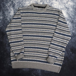 Vintage Grey & Blue Fair Isle Grandad Jumper | XXL