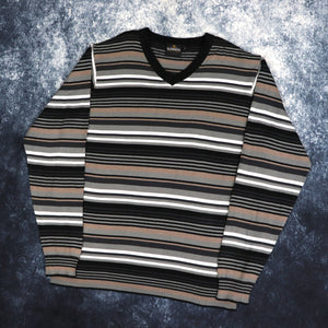 Vintage Grey, Brown, Black & White Striped Guinness Jumper | Large