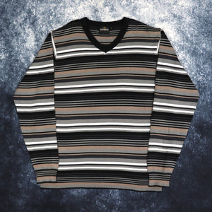 Vintage Grey, Brown, Black & White Striped Guinness Jumper | Large