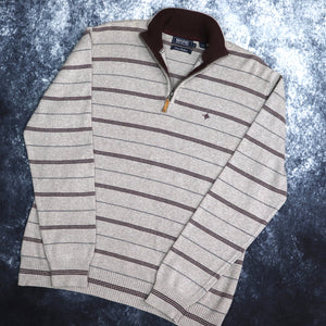 Vintage Grey & Burgundy Striped 1/4 Zip Jumper | Medium