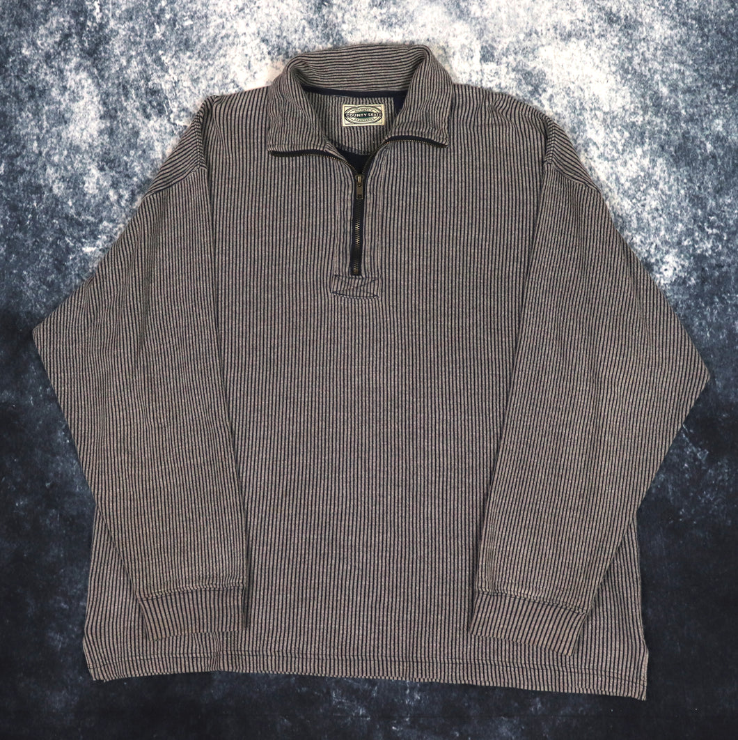 Vintage 90s Grey & Navy Striped 1/4 Zip Sweatshirt | Large