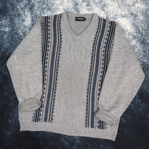 Vintage Grey & Navy Woodville V Neck Grandad Jumper | Large