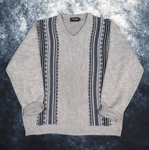 Vintage Grey & Navy Woodville V Neck Grandad Jumper | Large