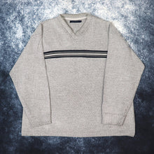 Load image into Gallery viewer, Vintage Grey, Navy &amp; Brown Striped V Neck Sweatshirt | XL
