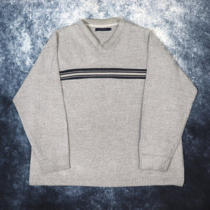 Vintage Grey, Navy & Brown Striped V Neck Sweatshirt | XL