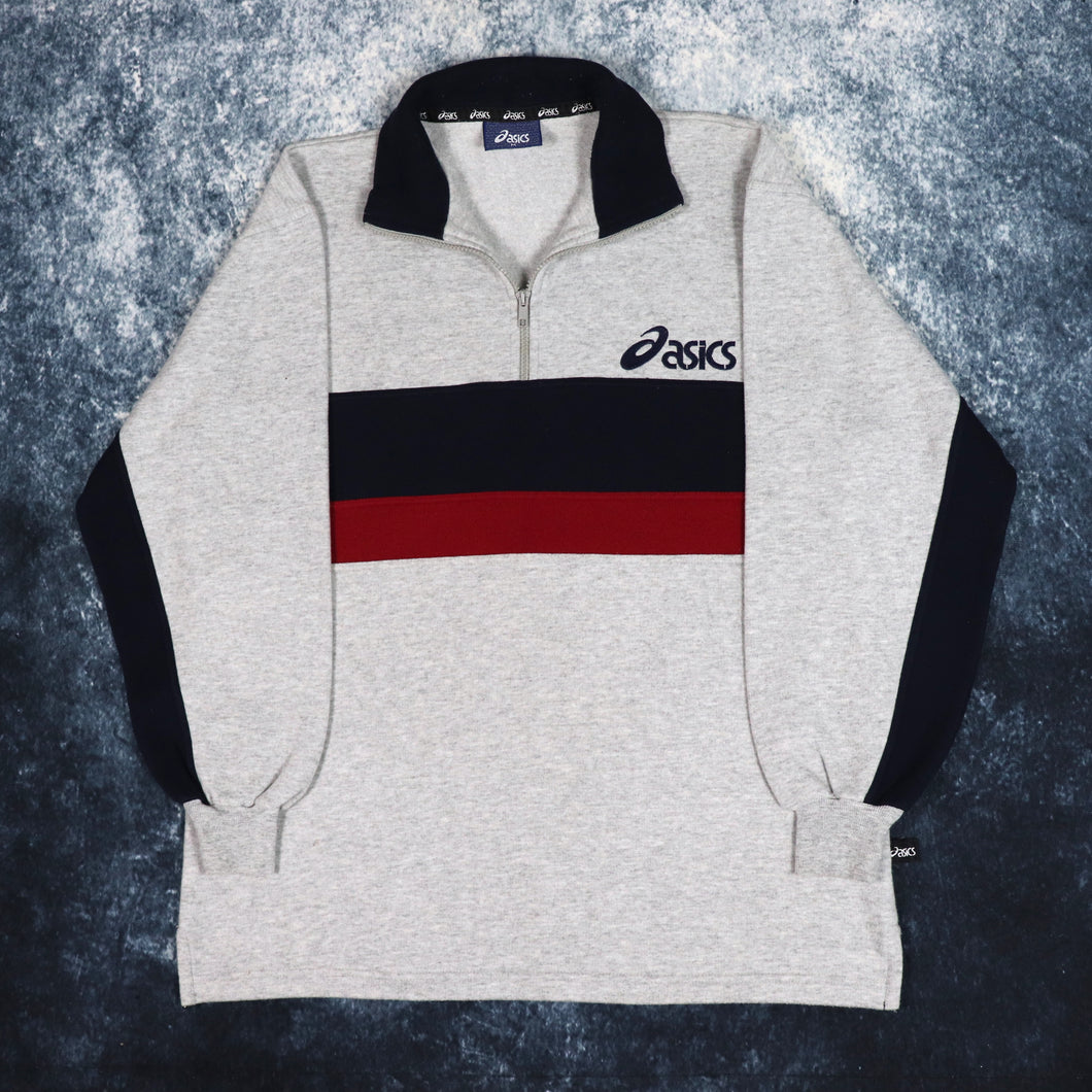 Vintage Grey, Navy & Red Striped Asics 1/4 Zip Sweatshirt | Medium