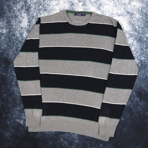 Vintage Grey, Navy, White & Green Striped Jumper | Large