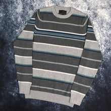 Load image into Gallery viewer, Vintage Grey, Teal, Blue &amp; White Striped Grandad Jumper | Small
