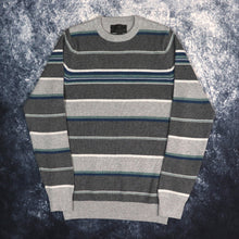 Load image into Gallery viewer, Vintage Grey, Teal, Blue &amp; White Striped Grandad Jumper | Small
