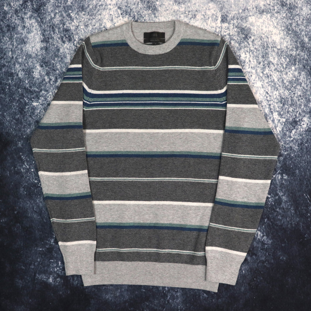 Vintage Grey, Teal, Blue & White Striped Grandad Jumper | Small