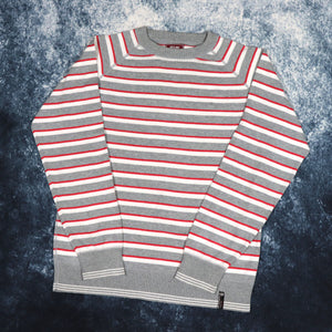 Vintage Grey, White & Red Striped Jumper | Small