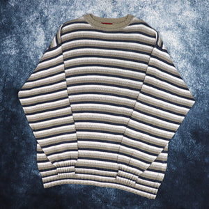 Vintage Khaki, Beige & Navy Striped Grandad Jumper | XL