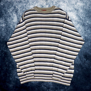 Vintage Khaki, Beige & Navy Striped Grandad Jumper | XL