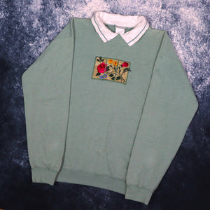 Vintage 90s Mint Flower Embroidered Collared Sweatshirt | Small