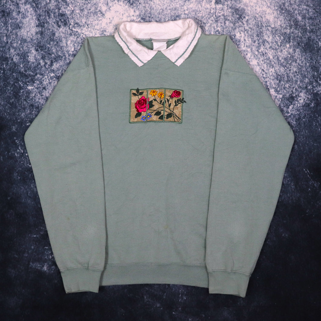 Vintage 90s Mint Flower Embroidered Collared Sweatshirt | Small
