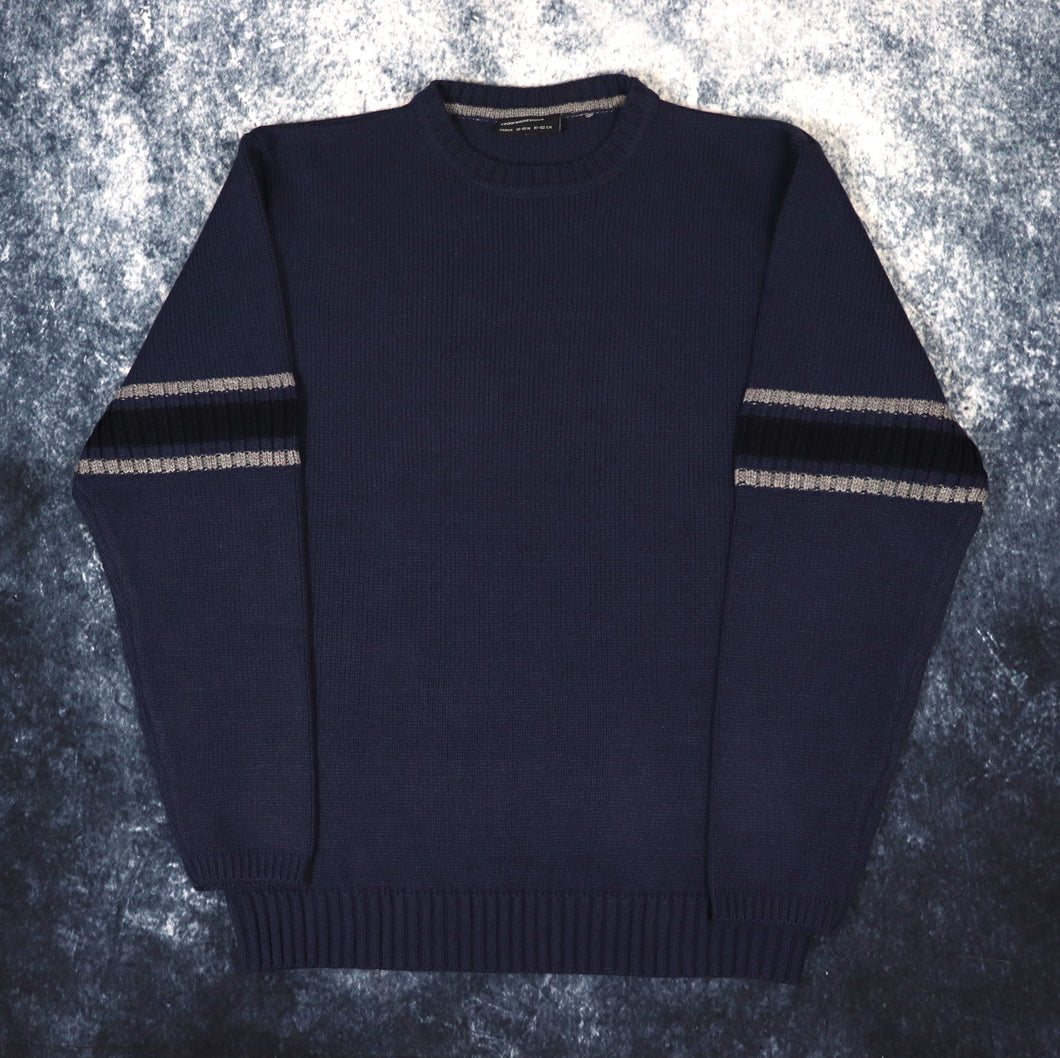 Vintage Navy Black & Grey Striped Jumper | Medium