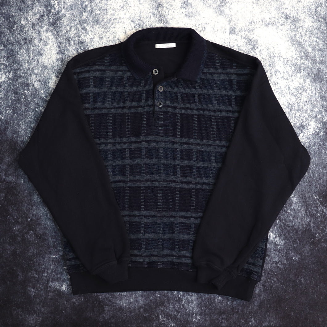 Vintage Navy Checkered Collared Sweatshirt | Medium