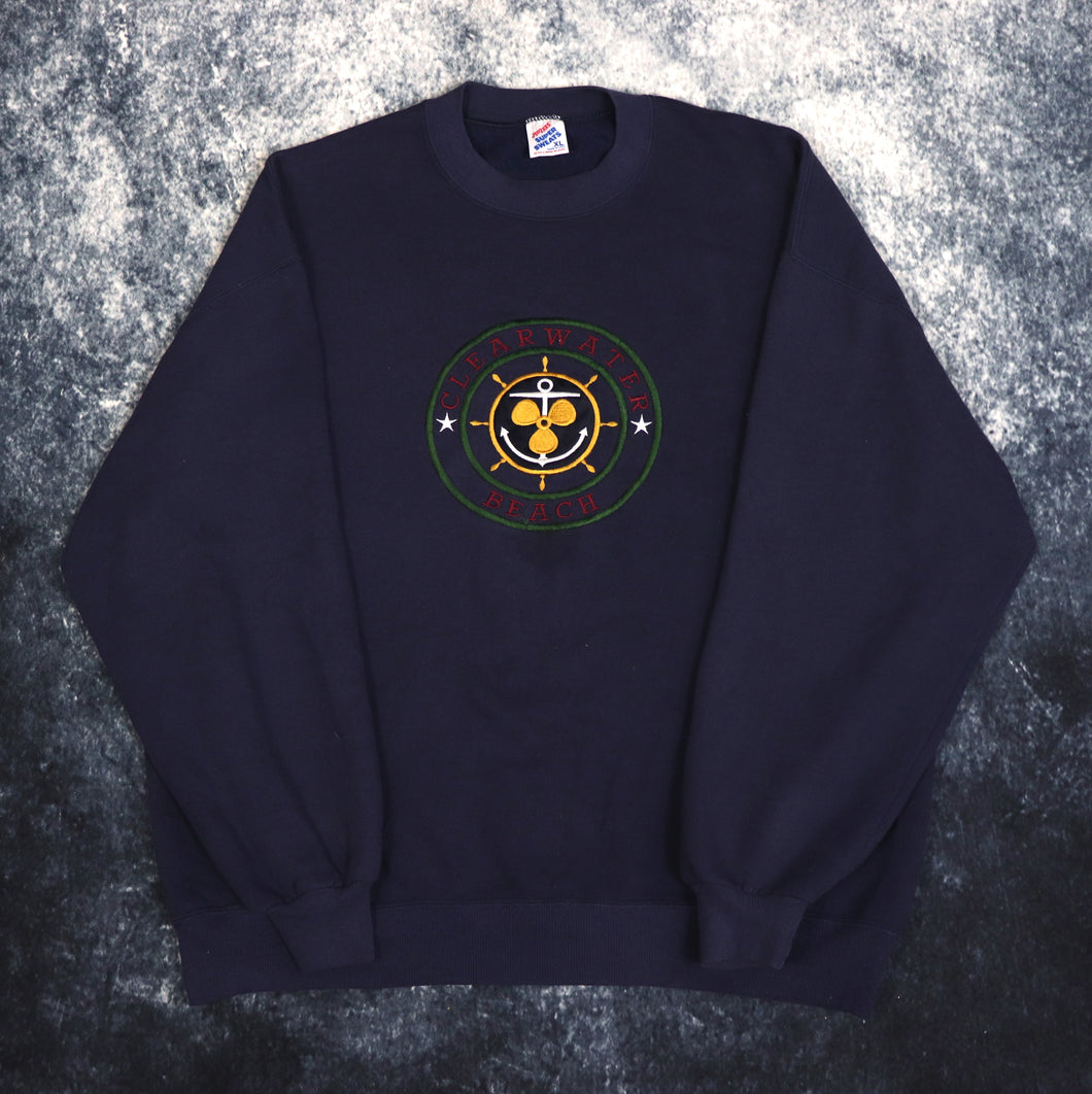 Vintage Navy Clearwater Beach Embroidered Sweatshirt | XL
