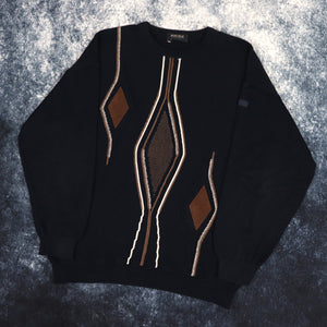 Vintage 90s Navy Diamond Grandad Jumper | Medium
