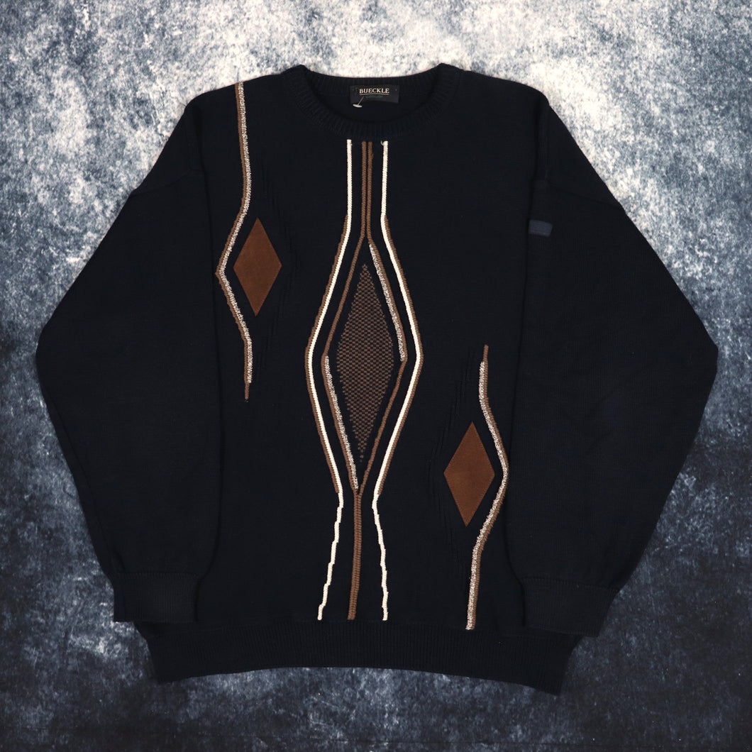 Vintage 90s Navy Diamond Grandad Jumper | Medium