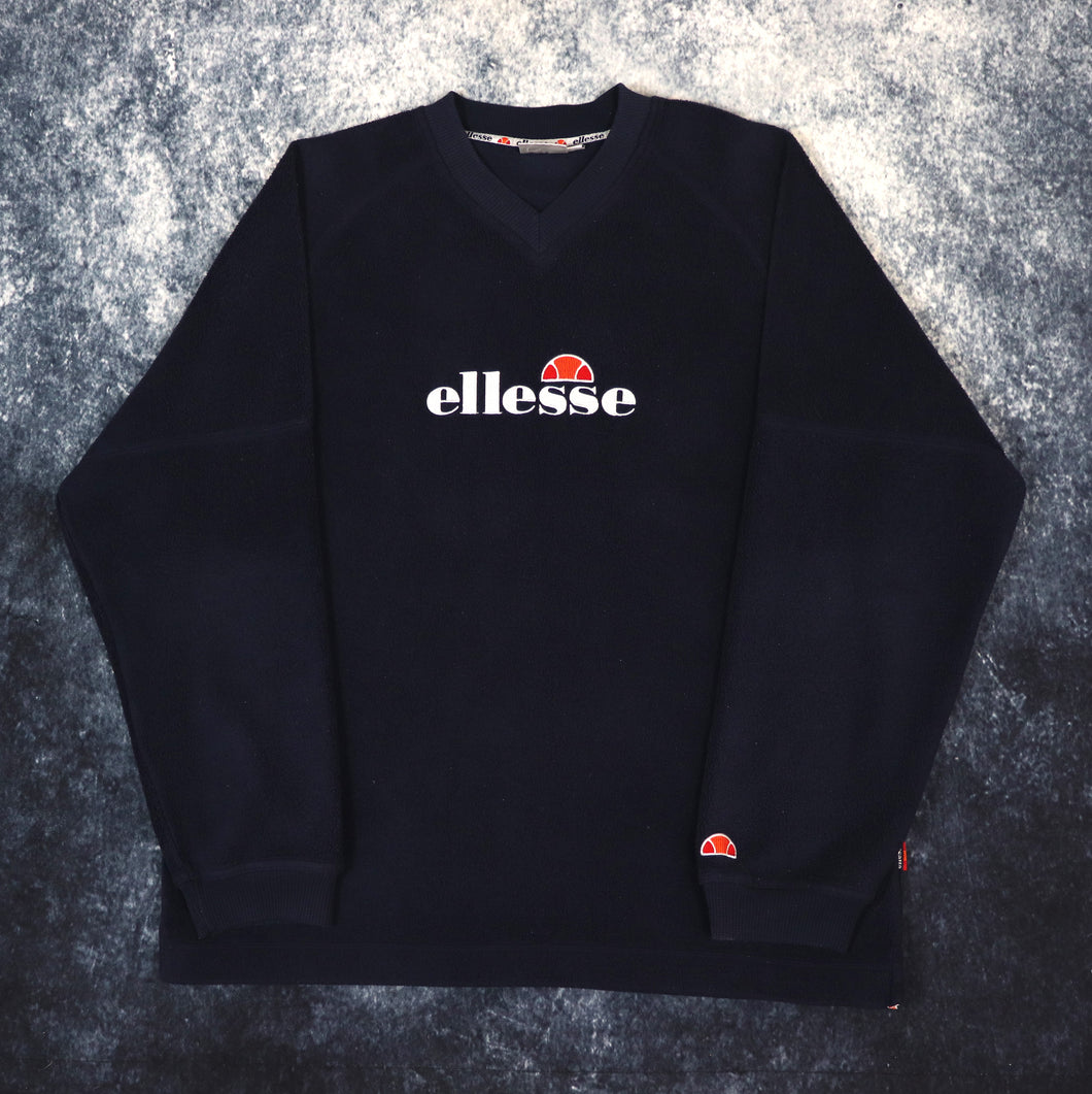 Vintage Navy Ellesse Spell Out Fleece Sweatshirt | Large