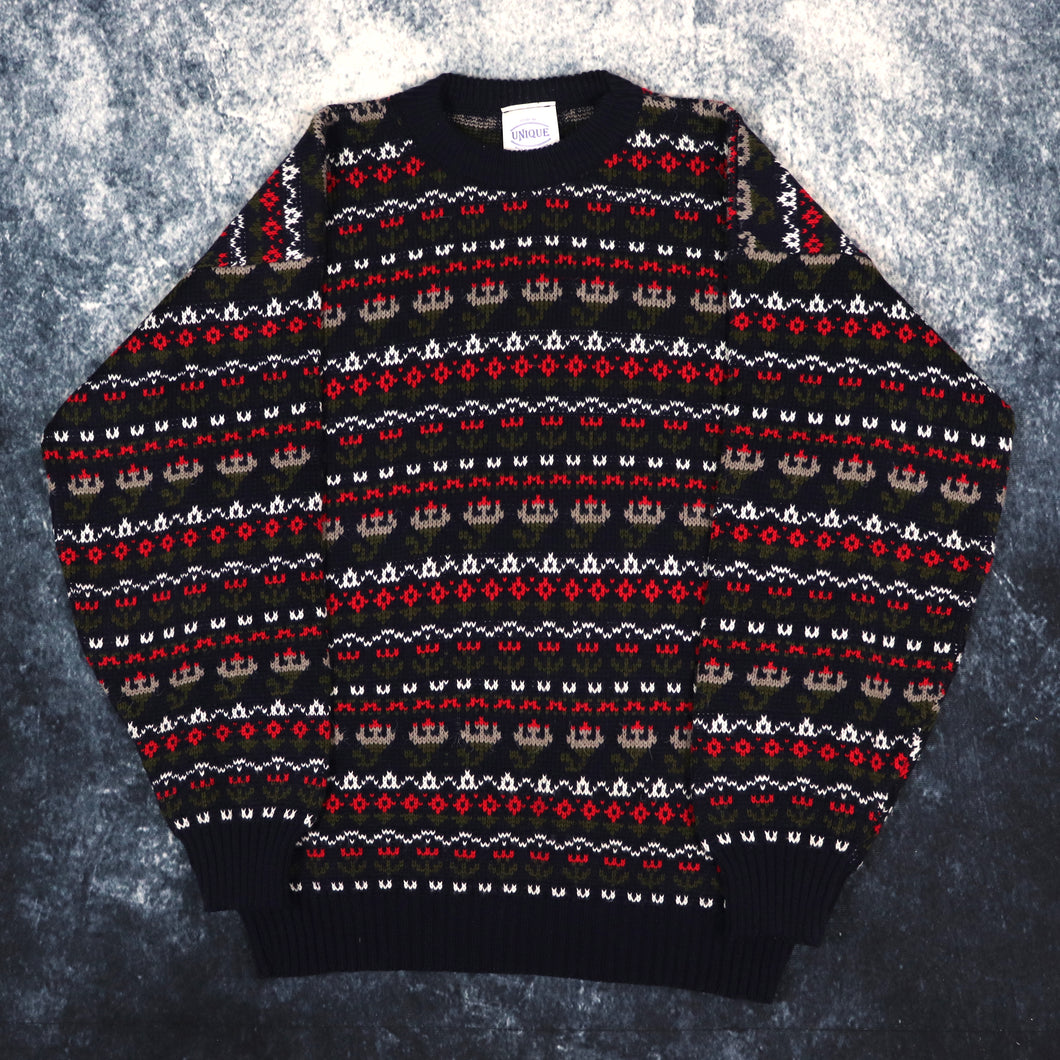 Vintage 90s Navy Fair Isle Grandad Jumper | Small