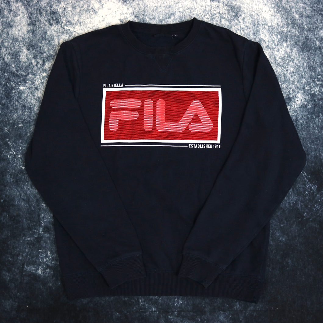 Vintage Navy Fila Spell Out Sweatshirt | Medium