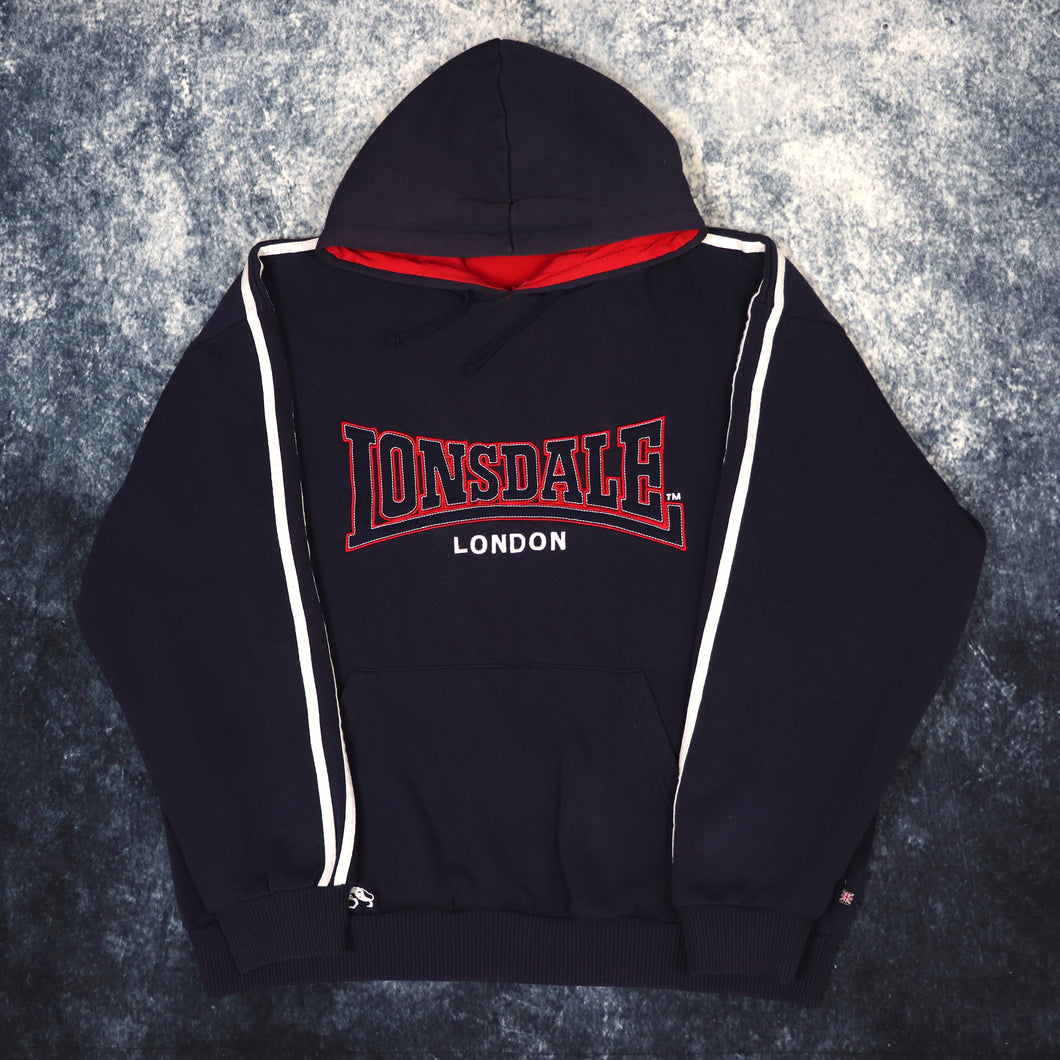 Vintage Navy Lonsdale Spell Out Hoodie | Large