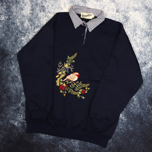 Vintage Navy Robin Collared Sweatshirt | Small
