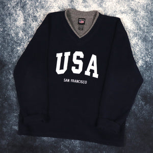 Vintage 90s Navy San Francisco USA V Neck Fleece Sweatshirt | Large
