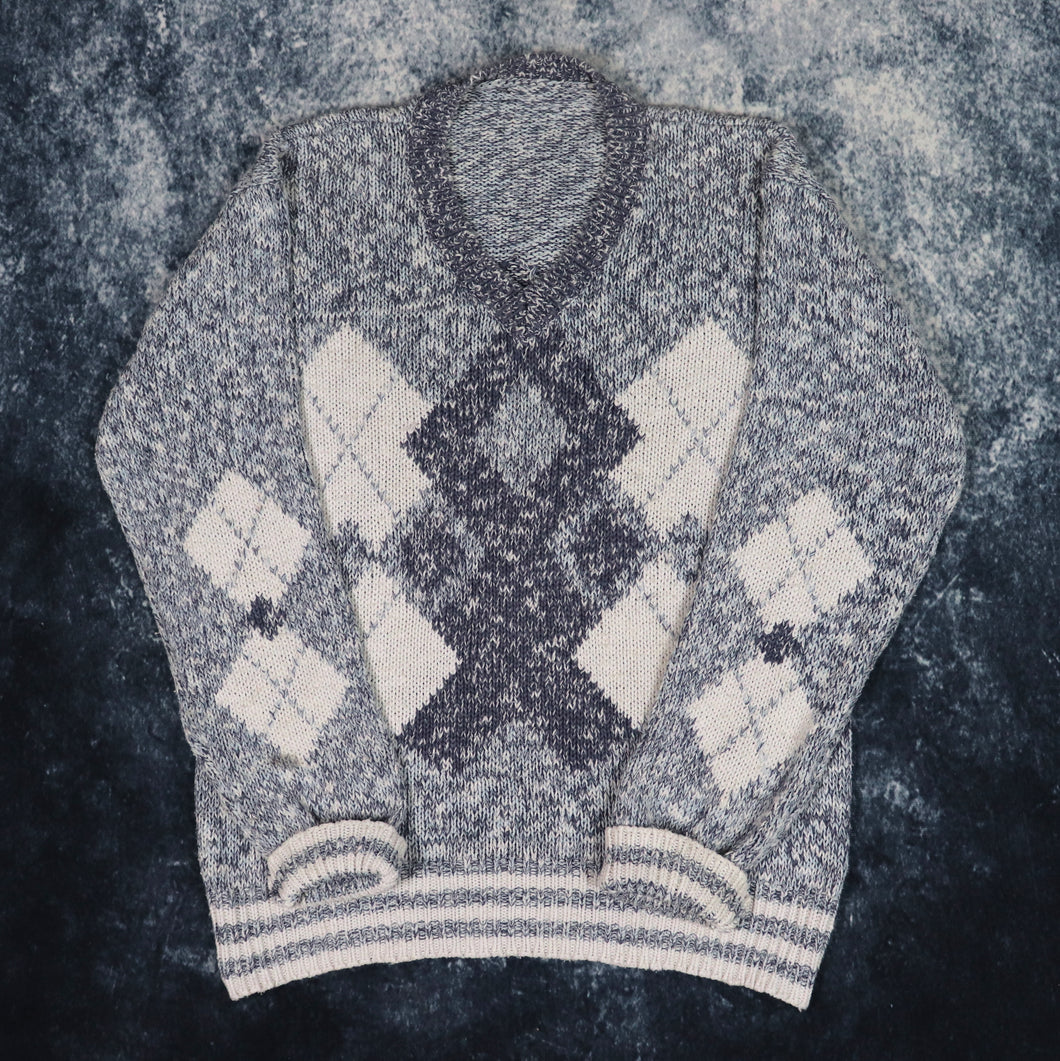 Vintage 90s Navy, Baby Blue & Cream Argyle V Neck Grandad Jumper | Small