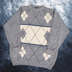 Vintage Navy & Beige Diamond Grandad Jumper | Large