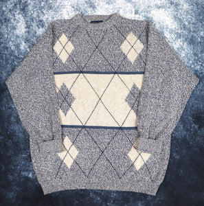 Vintage Navy & Beige Diamond Grandad Jumper | Large
