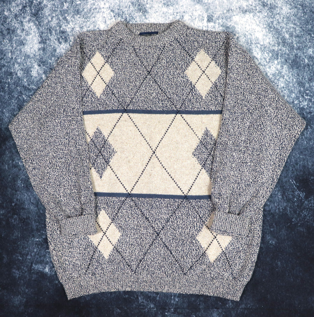 Vintage Navy & Beige Diamond Grandad Jumper | Large