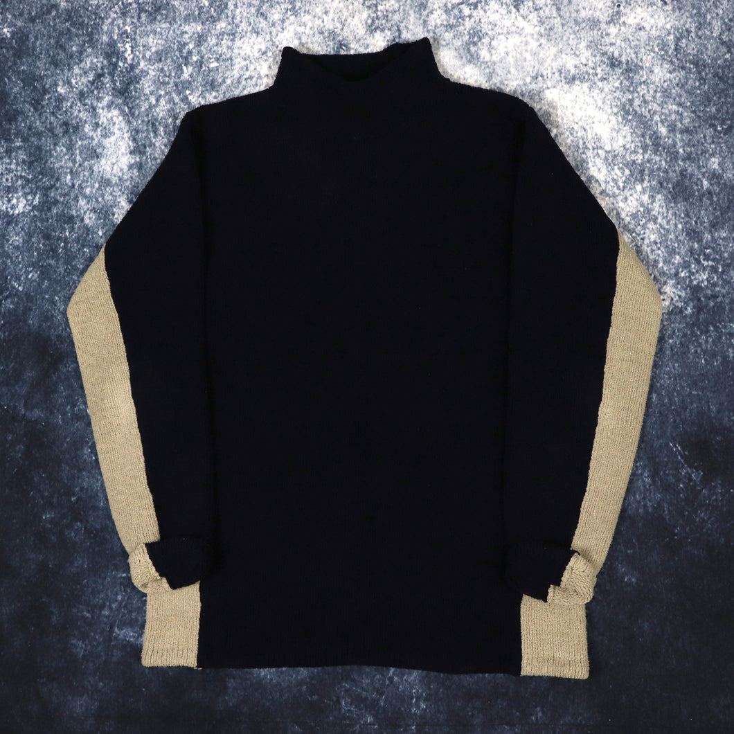 Vintage Navy & Beige High Neck Fleece Jumper | Medium