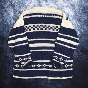 Vintage Navy & Beige Striped Grandad Jumper | XL