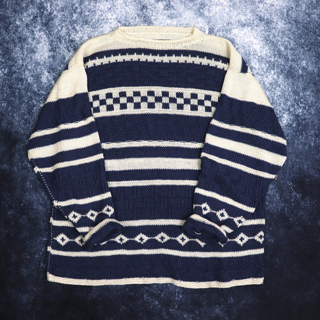 Vintage Navy & Beige Striped Grandad Jumper | XL