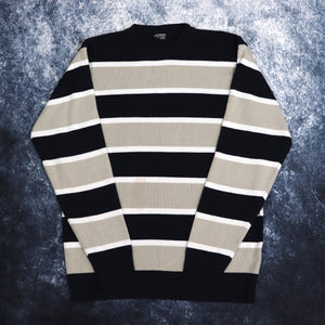 Vintage Navy, Beige & White Striped Jumper | Medium
